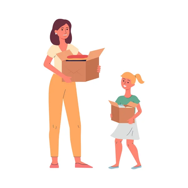 Madre e hija sosteniendo cajas para donación ilustración vectorial plana aislada. — Archivo Imágenes Vectoriales