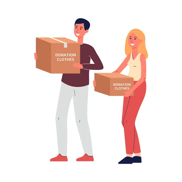 Voluntarios con cajas para donación de ropa ilustración vectorial plana aislada. — Archivo Imágenes Vectoriales