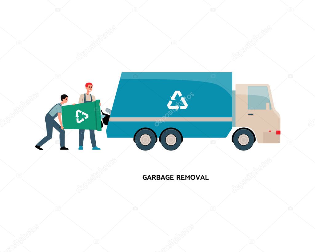 Garbage removal workers emptying recycling bin trash into truck