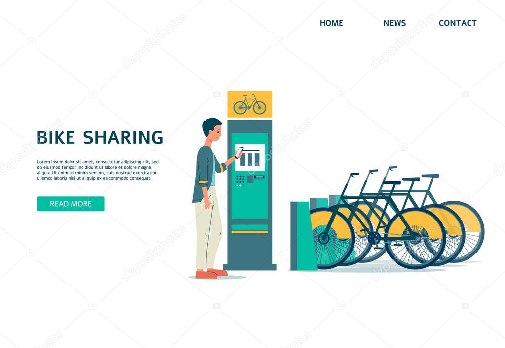 Bike sharing service website banner - bicycle rental station with man