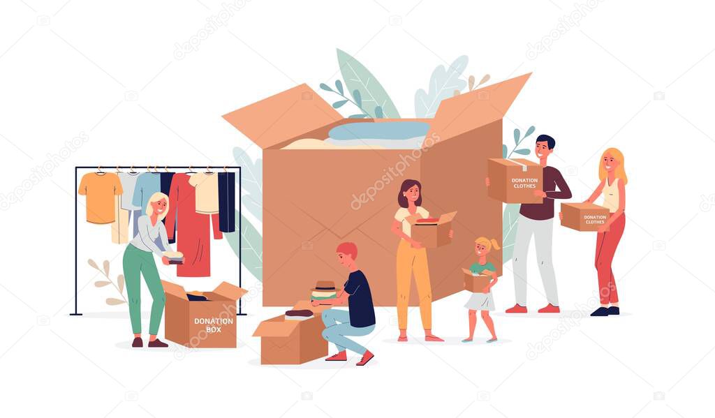 Clothing donation with volunteers and box, flat vector illustration isolated.