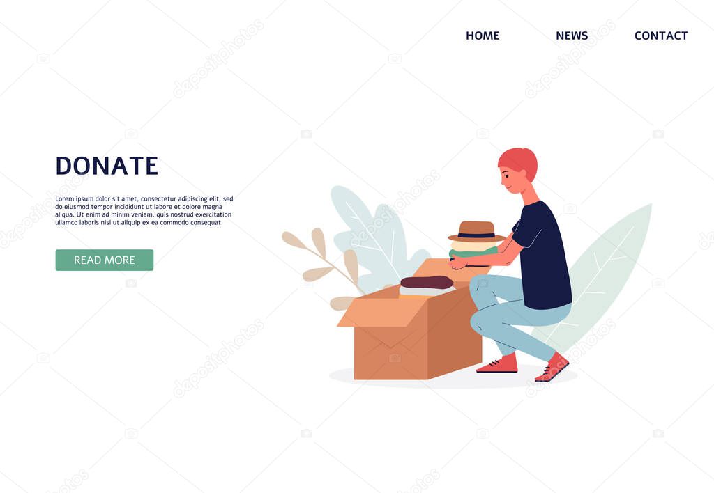 Man puts clothes for donations, charity or recycling in a box landing page template