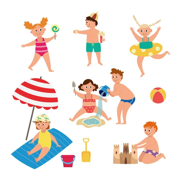 Conjunto de personajes infantiles de dibujos animados en la playa, ilustración vectorial plana aislada — Vector de stock