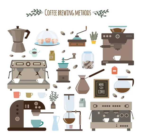 Kaffeezubereitungsmethoden und Utensilien Satz von flachen Vektorillustrationen isoliert. — Stockvektor