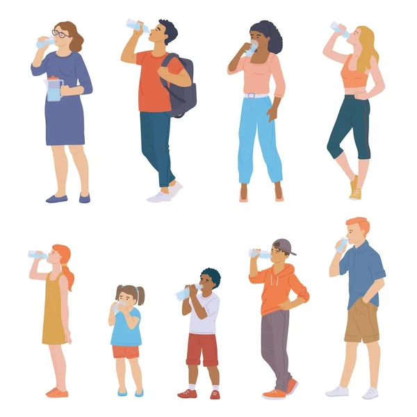 Zestaw wektorowych płaskich pojedynczych ilustracji ludzi pijących wodę — Wektor stockowy