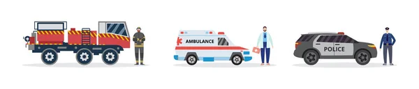 Záchranná ambulance, hasičský vůz a policejní auto plochý vektor ilustrace izolované. — Stockový vektor