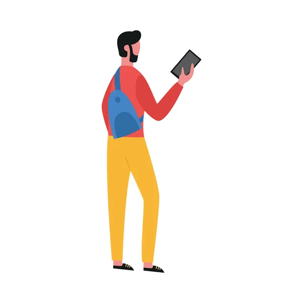Platt vektor isolerad illustration av en ung man med en mobiltelefon i händerna. — Stock vektor