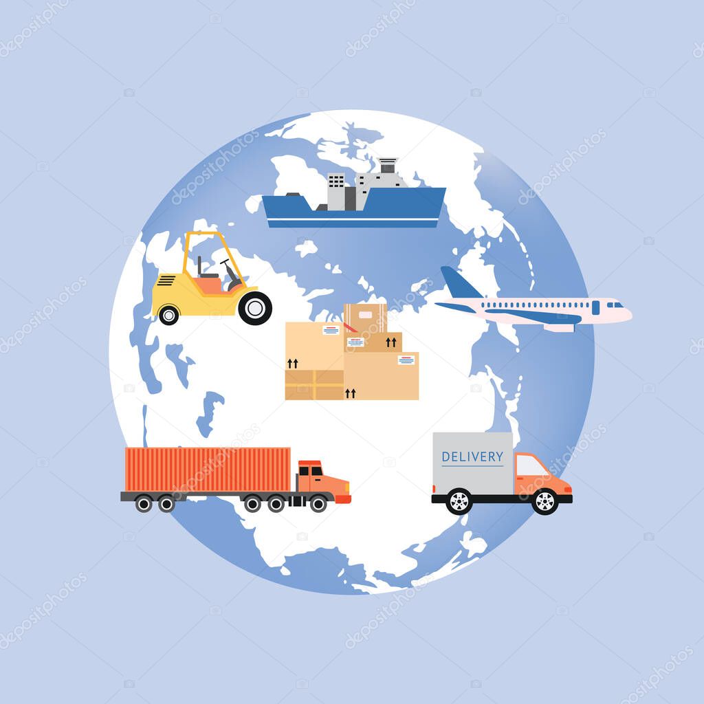 Earth globe symbol with icons of transport flat vector illustration isolated.