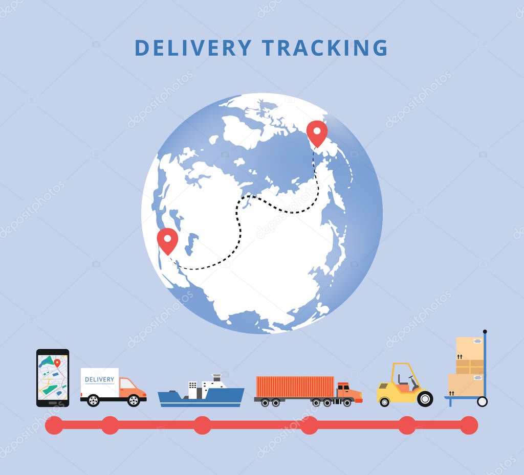 Delivery tracking banner with globe icon and transport flat vector illustration.