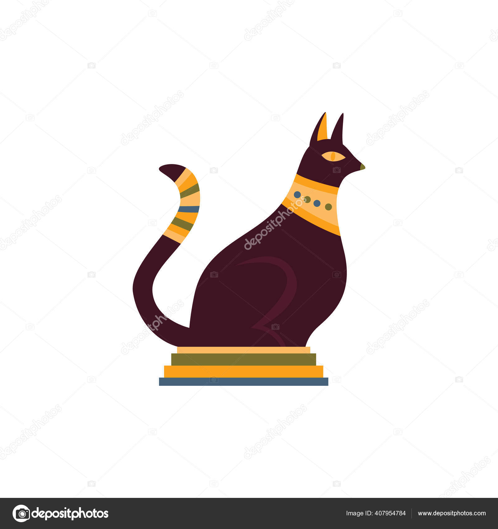 Египетский Черный Кот Животное В Золотом Ожерелье Плоский Вектор.