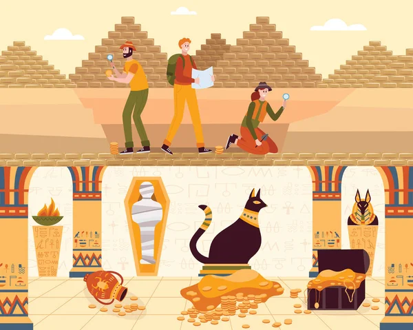 Vector illustration of people looking for the entrance to the Egyptian pyramid. — Stock Vector