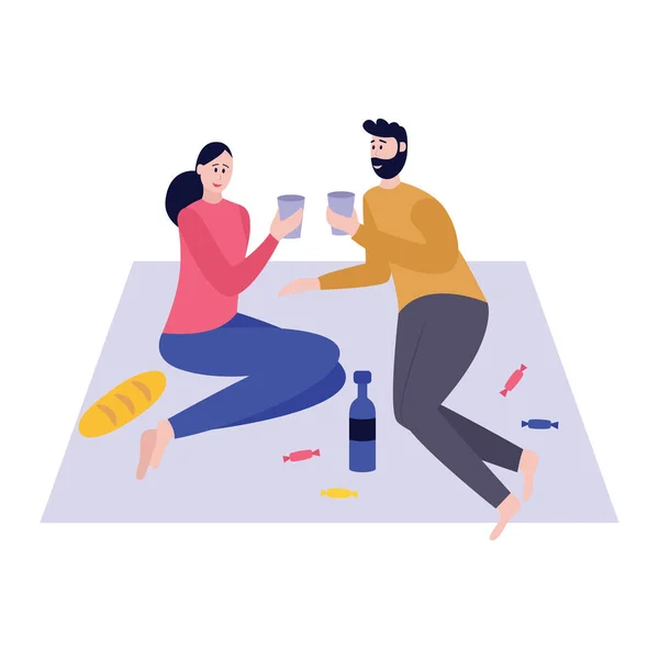 Couple de bande dessinée sur la couverture de pique-nique boire du vin - les gens en amour — Image vectorielle