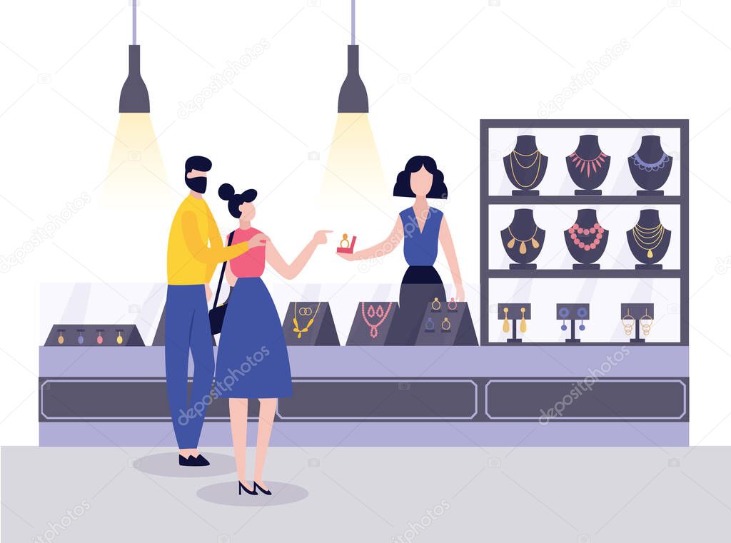 Jewellery shop with seller and couple buying jewelries flat vector illustration.