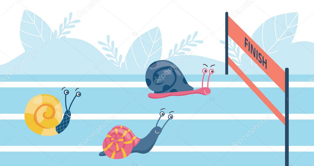 Humor caricature picture of snails speed race flat vector illustration.