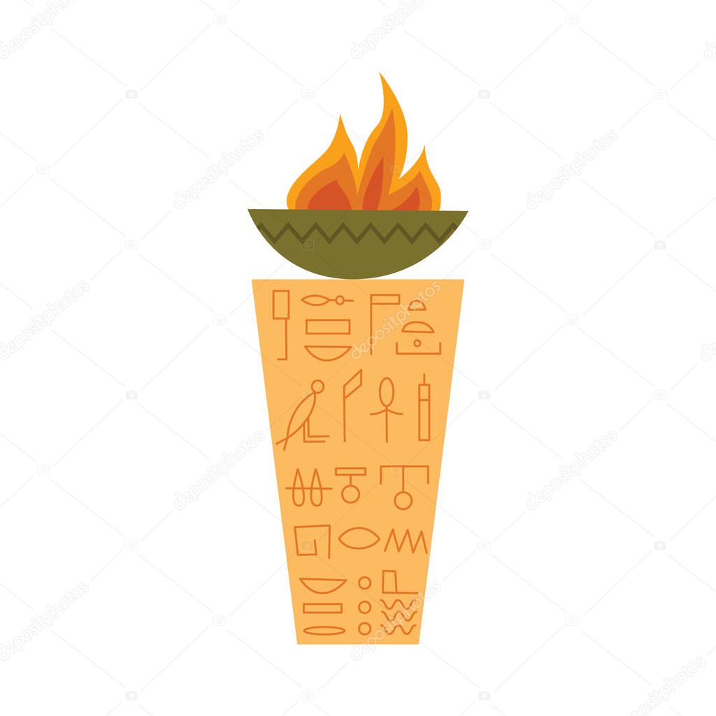 Ancient egyptian sacrificial altar with fire flat vector illustration isolated.