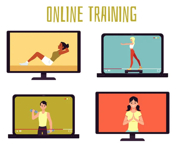 Online training set with people doing sports flat vector illustration isolated. — Stock Vector
