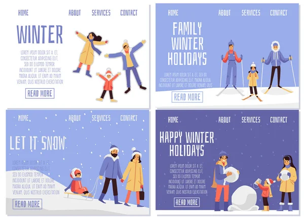 Familia en vacaciones de invierno o vacaciones de Navidad conjunto, ilustraciones de vectores planos. — Archivo Imágenes Vectoriales