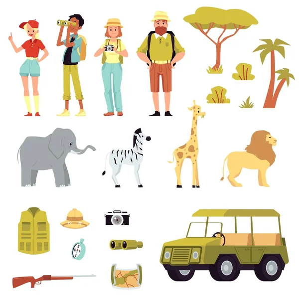 Mensen op Safari Tour set met dieren, platte vector illustratie geïsoleerd. — Stockvector