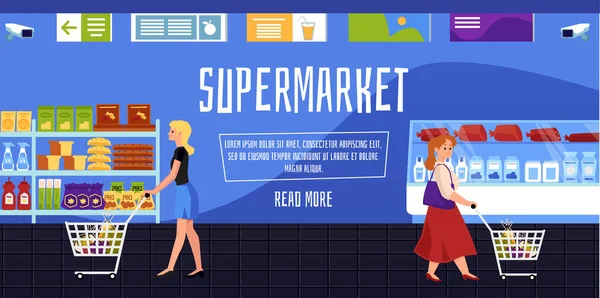 Online-Supermarkt-Webseite mit Menschen, die flache Vektorillustration einkaufen. — Stockvektor