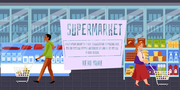 Online-Supermarkt-Schnittstelle mit Menschen, die Waren einkaufen Vektor Illustration. — Stockvektor