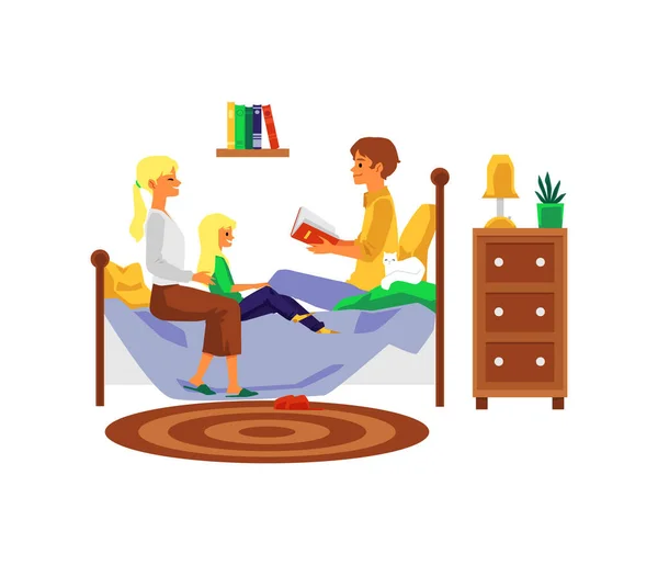 Семья дома чтение перед сном в постели изолированные векторные плоские иллюстрации. — стоковый вектор