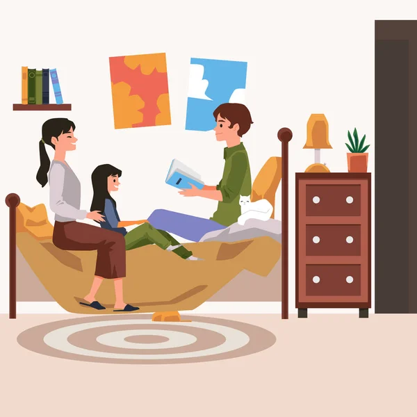 Família em casa curtindo a hora de dormir lendo juntos ilustração vetorial plana. — Vetor de Stock