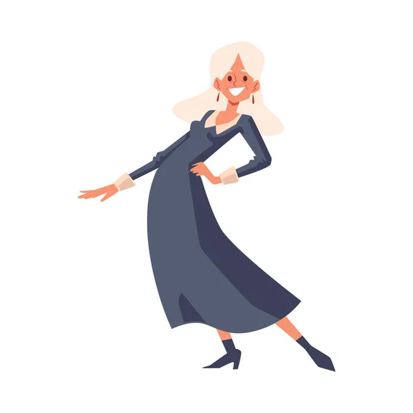 Carino allegra donna cartone animato personaggio ballando piatto vettore illustrazione isolato. — Vettoriale Stock