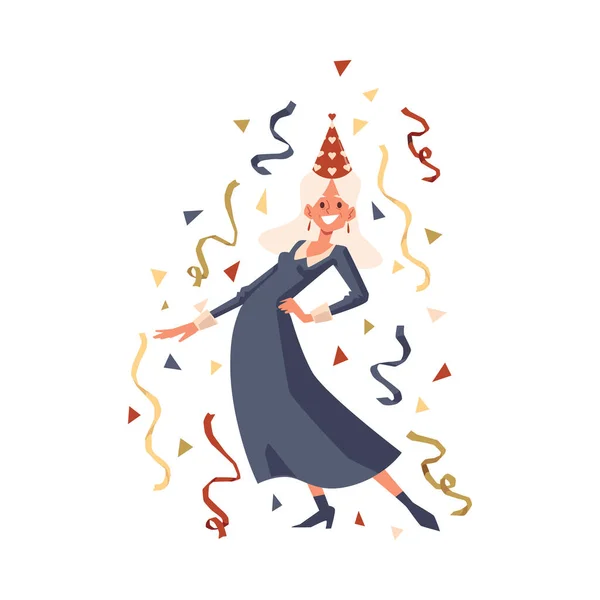 Ευτυχισμένη γριούλα με καπελάκι που χορεύει με κομφετί — Διανυσματικό Αρχείο