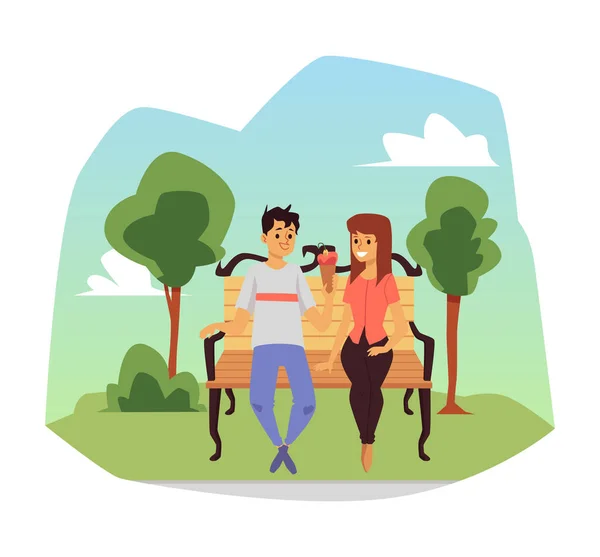 Αγαπώντας ζευγάρι απολαμβάνοντας τις ημέρες καλοκαιρινής σεζόν στο πάρκο, επίπεδη διανυσματική απεικόνιση. — Διανυσματικό Αρχείο