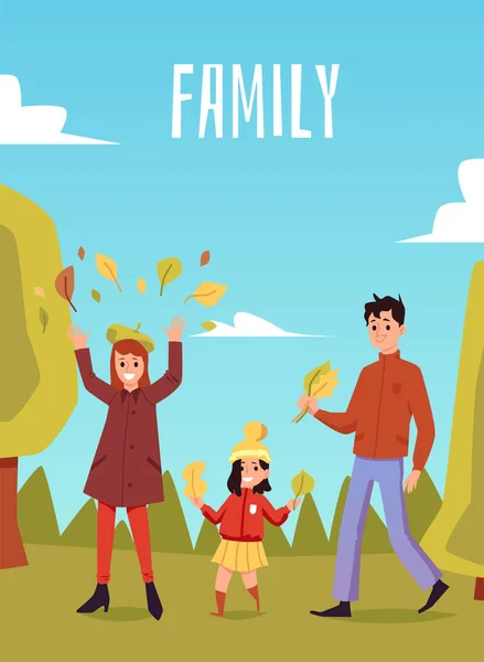 Ilustração vetorial de uma família feliz caminhando em um parque de outono. — Vetor de Stock