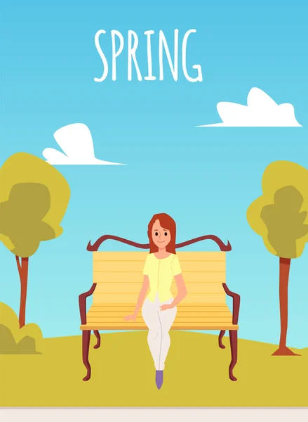 春のバナーや公園フラットベクトルイラストの女性とポスターデザイン. — ストックベクタ