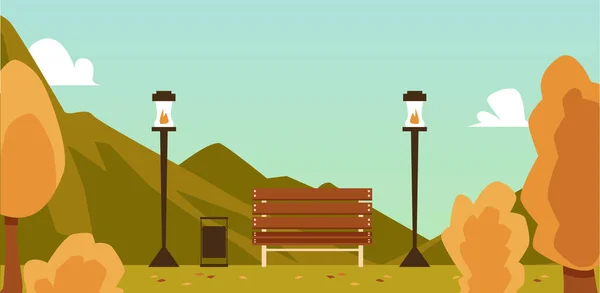 Fond du parc d'automne avec banc sur allée d'arbres, illustration vectorielle plate. — Image vectorielle