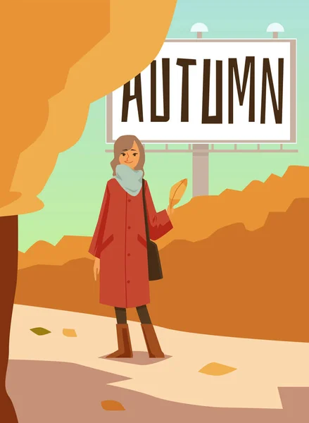 Banner de otoño o póster con ilustración de vectores de dibujos animados planos de mujer de pie. — Vector de stock