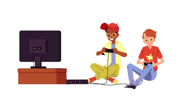 Adolescentes jugando videojuegos juntos-vector ilustración aislada. — Archivo Imágenes Vectoriales