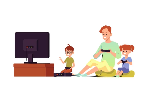 Aile boş vakitlerinde veya karantina vektör illüstrasyonunda video oyunu oynuyor — Stok Vektör