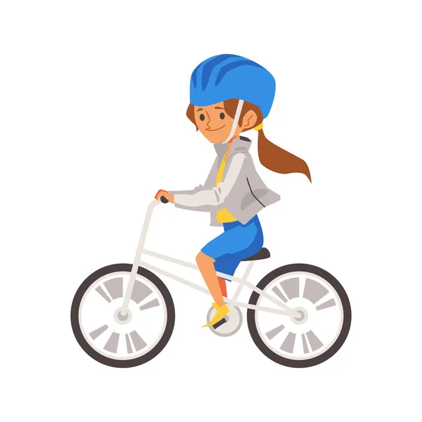 Olahraga anak-anak dengan gadis kecil mengendarai sepeda datar vektor ilustrasi terisolasi. - Stok Vektor