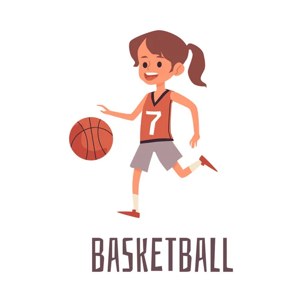 かわいい女の子の文字はバスケットボールフラットベクトルイラストを再生孤立. — ストックベクタ
