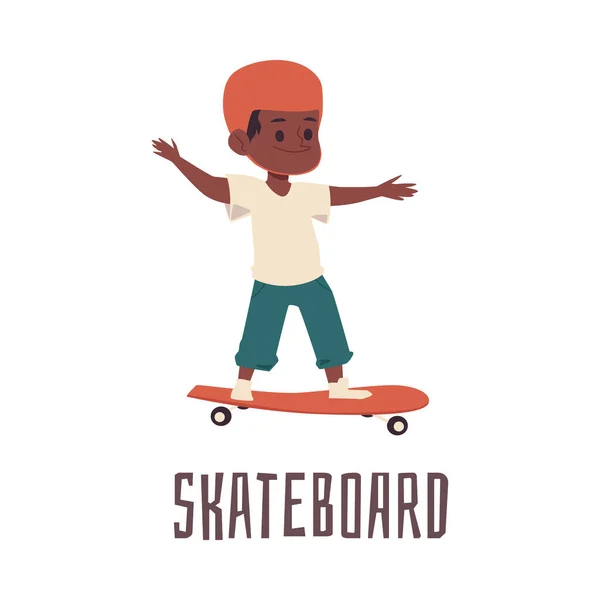 Skateboarding μικρό αγόρι κινουμένων σχεδίων χαρακτήρα επίπεδη διανυσματική απεικόνιση απομονωμένη. — Διανυσματικό Αρχείο