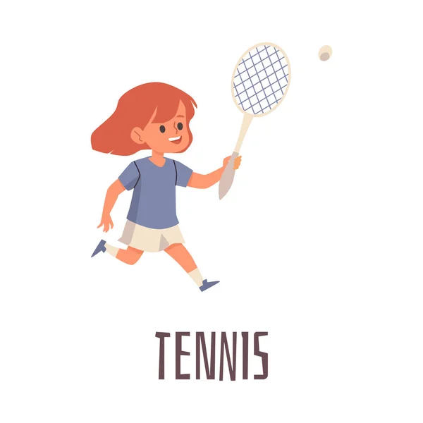 Schattig klein meisje spelen tennis met racket platte vector illustratie geïsoleerd. — Stockvector