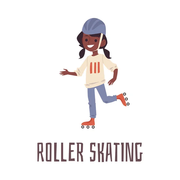 Chica de dibujos animados patinaje sobre ruedas en casco deportivo. Lindo niño africano — Vector de stock