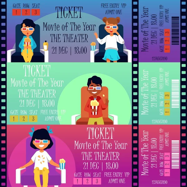 Σύνολο εισιτηρίων κινηματογράφου για τα παιδιά ταινία με τα παιδιά επίπεδη διανυσματική απεικόνιση. — Διανυσματικό Αρχείο
