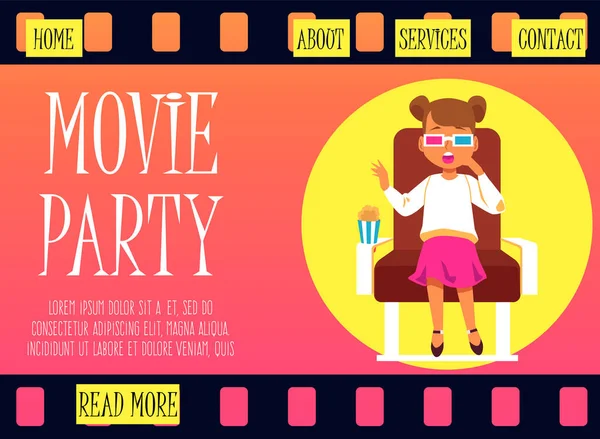 Kids movie party web page mockup with child in cinema flat vector illustration. — Stock Vector