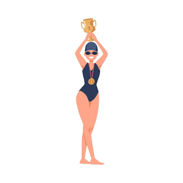 Woman swimmer holding gold trophy award cup flat vector illustration isolated. — Stock Vector