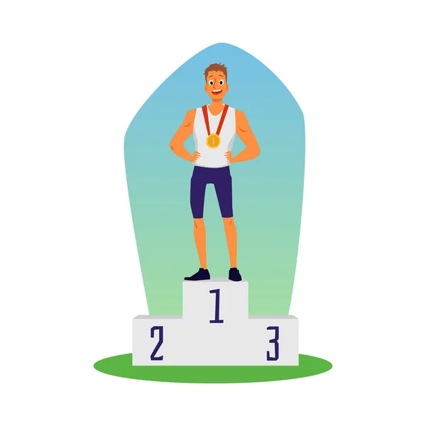 Sportsman on first place in sport competition flat vector illustration isolated. — Stock Vector