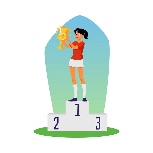 Deportiva chica se para en el pedestal con oro taza plana vector ilustración aislado. — Vector de stock