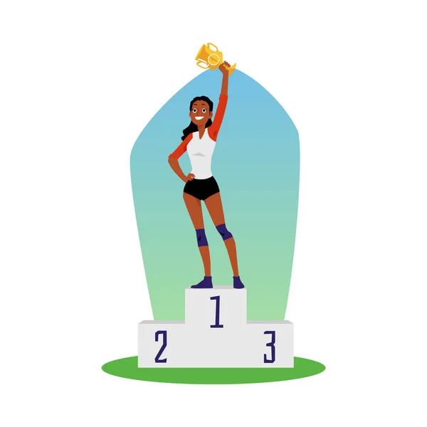 Donna o campionessa con coppa trofeo premio, illustrazione vettoriale piatta isolata. — Vettoriale Stock