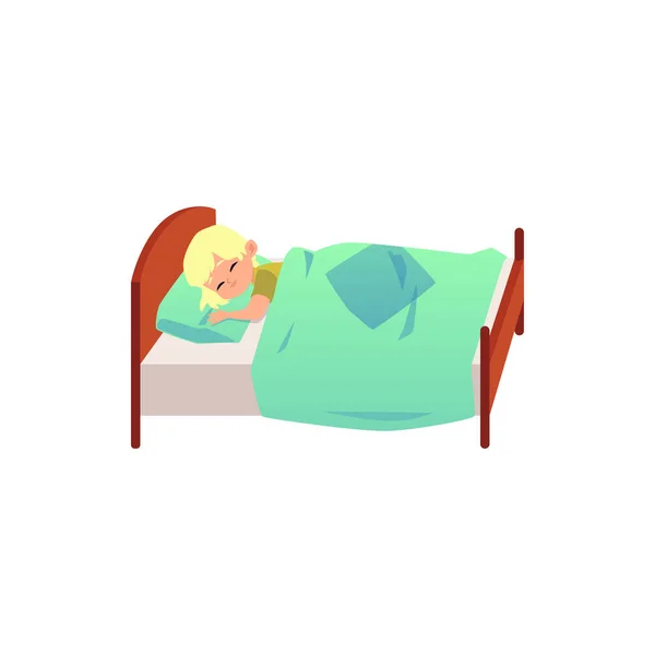 Nettes Kind Cartoon-Figur schlafen im Bett flache Vektor Illustration isoliert. — Stockvektor