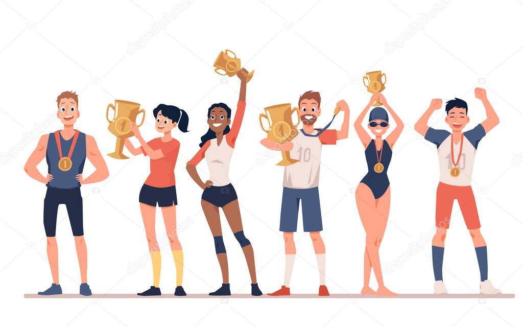 Diverse sportive people with award cups flat vector illustration isolated.