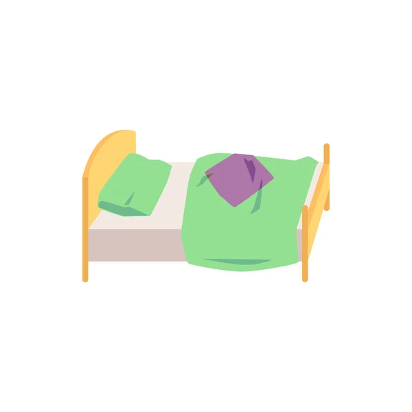 Kinder kleines Bett mit grüner Decke und Kissen Vektor Illustration isoliert. — Stockvektor