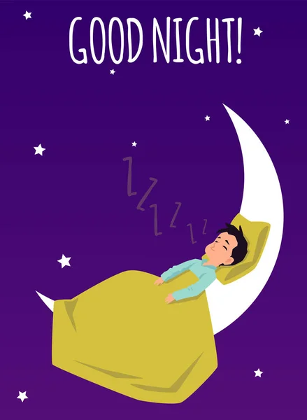 Good night card with child sleeping on the moon flat vector illustration. — Stock Vector